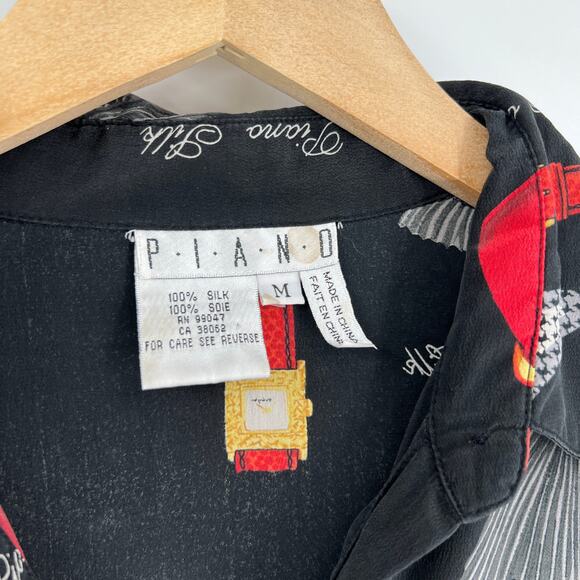 Vintage Baroque Piano Novelty Print 100% Silk Button Down Blouse Medium - Picture 5 of 7